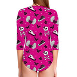 Pink Emo Symbols Pattern Print Long Sleeve Swimsuit