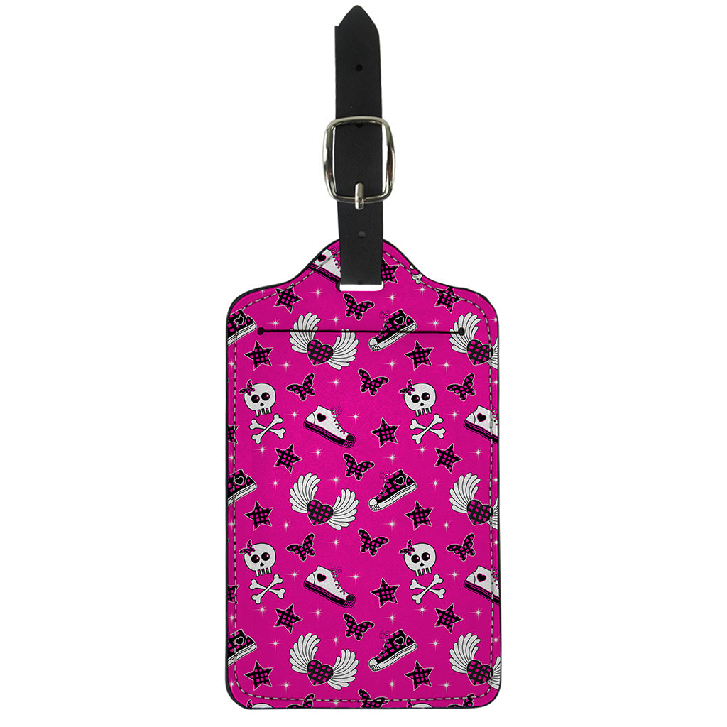 Pink Emo Symbols Pattern Print Luggage Tag