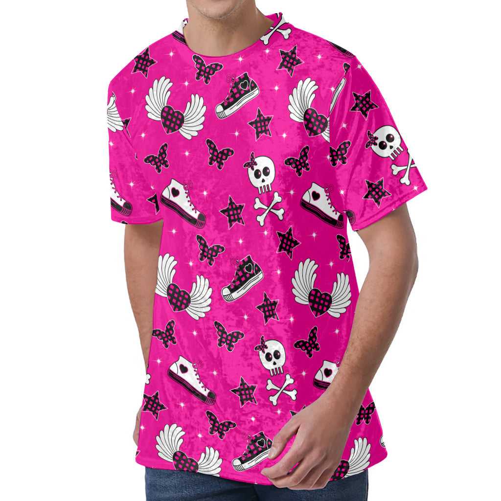 Pink Emo Symbols Pattern Print Men's Velvet T-Shirt