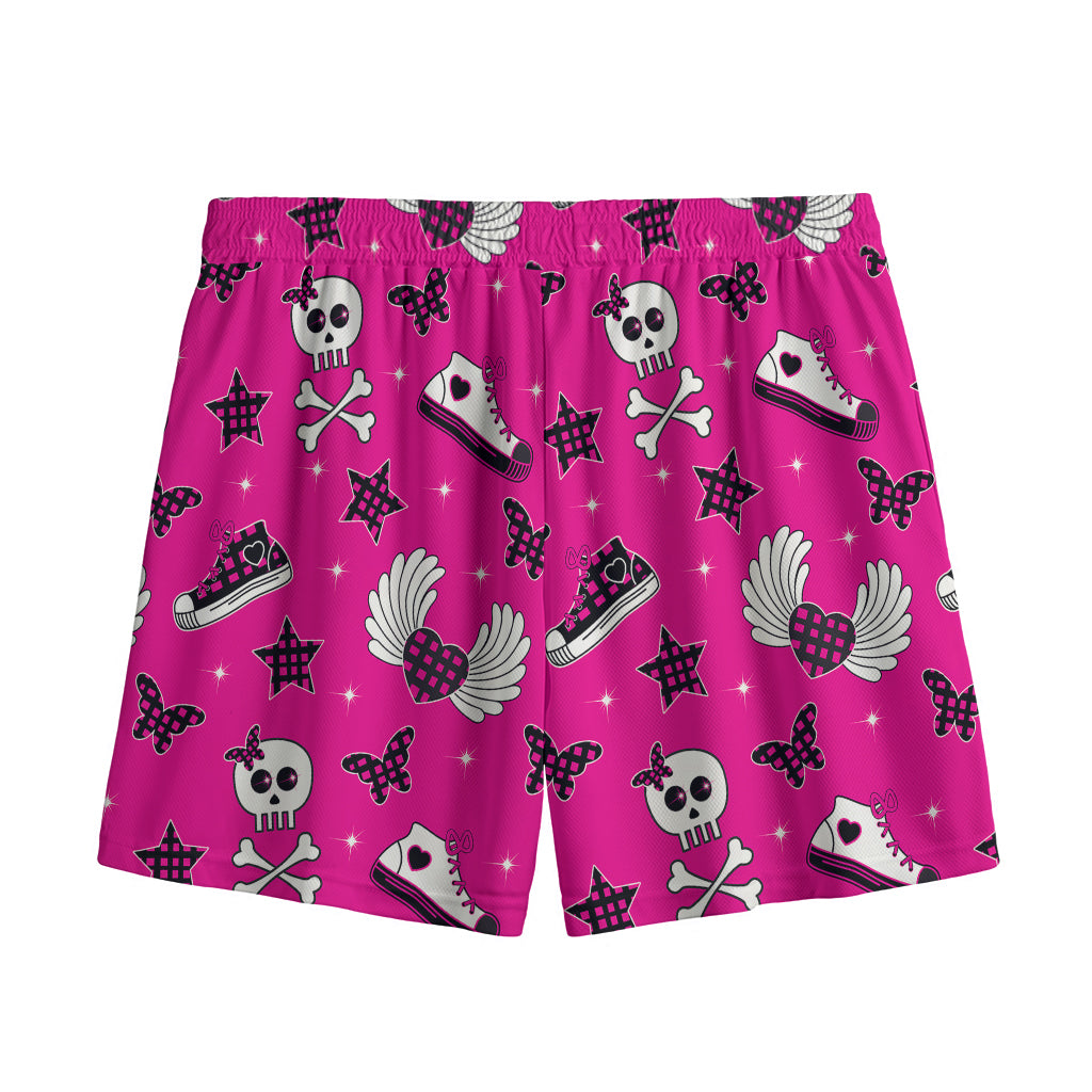 Pink Emo Symbols Pattern Print Mesh Shorts
