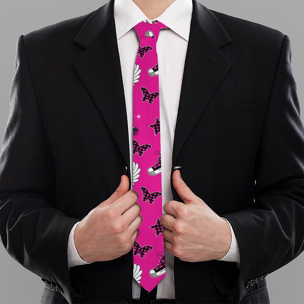 Pink Emo Symbols Pattern Print Necktie