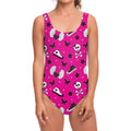 Pink Emo Symbols Pattern Print One Piece Swimsuit
