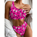 Pink Emo Symbols Pattern Print One Shoulder Bikini Set