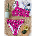 Pink Emo Symbols Pattern Print One Shoulder Bikini Top