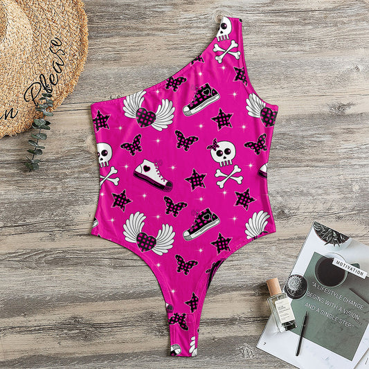 Pink Emo Symbols Pattern Print One Shoulder Bodysuit