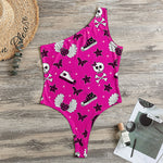 Pink Emo Symbols Pattern Print One Shoulder Bodysuit