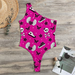 Pink Emo Symbols Pattern Print One Shoulder Bodysuit