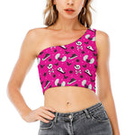 Pink Emo Symbols Pattern Print One Shoulder Crop Top