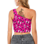 Pink Emo Symbols Pattern Print One Shoulder Crop Top