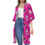 Pink Emo Symbols Pattern Print Open Front Beach Cover Up