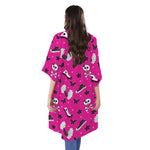 Pink Emo Symbols Pattern Print Open Front Beach Cover Up