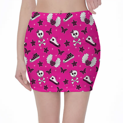 Pink Emo Symbols Pattern Print Pencil Mini Skirt