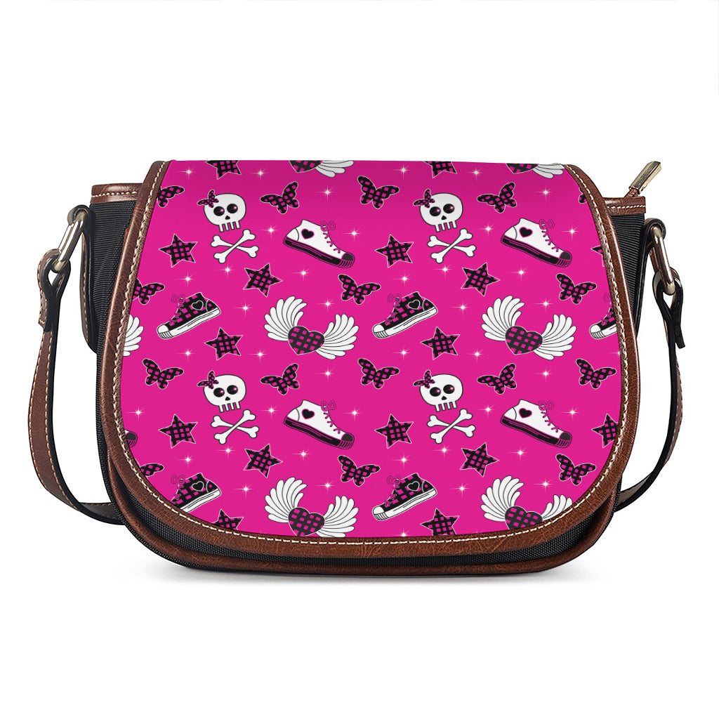 Pink Emo Symbols Pattern Print Saddle Bag
