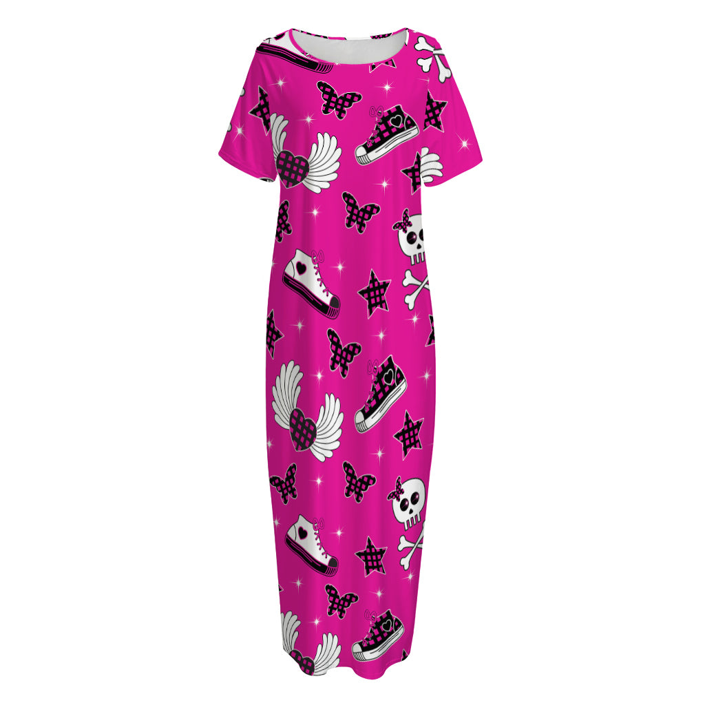 Pink Emo Symbols Pattern Print Short Sleeve Long Nightdress