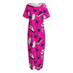 Pink Emo Symbols Pattern Print Short Sleeve Long Nightdress