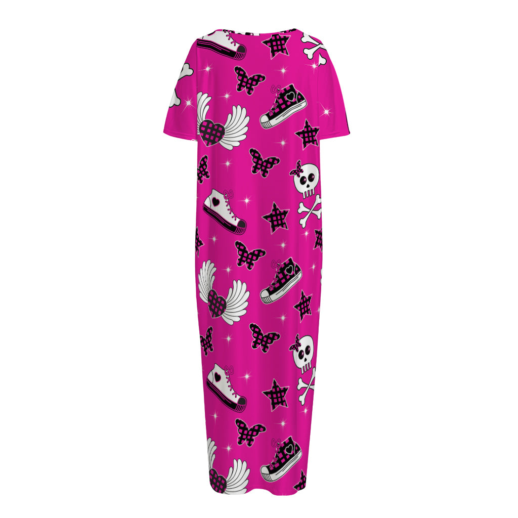 Pink Emo Symbols Pattern Print Short Sleeve Long Nightdress