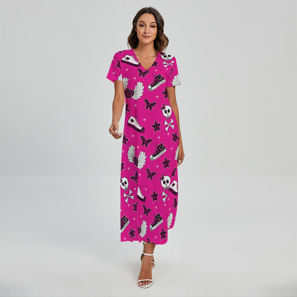 Pink Emo Symbols Pattern Print Short Sleeve Maxi Dress