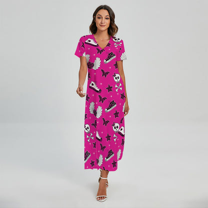 Pink Emo Symbols Pattern Print Short Sleeve Maxi Dress