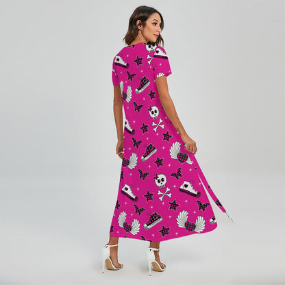 Pink Emo Symbols Pattern Print Short Sleeve Maxi Dress