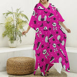 Pink Emo Symbols Pattern Print Silk V-Neck Kaftan Dress