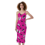 Pink Emo Symbols Pattern Print Slim Fit Midi Cami Dress