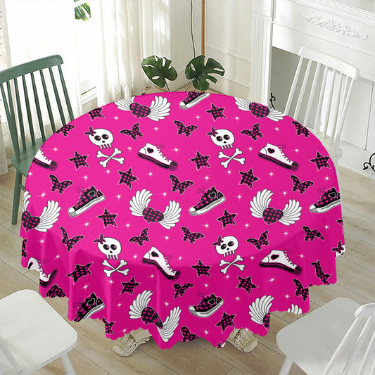Pink Emo Symbols Pattern Print Waterproof Round Tablecloth
