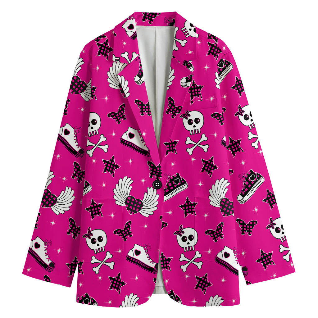 Pink Emo Symbols Pattern Print Women's Cotton Blazer