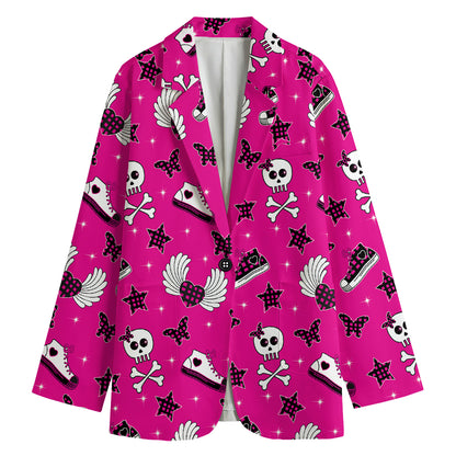 Pink Emo Symbols Pattern Print Women's Cotton Blazer