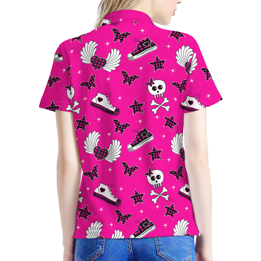 Pink Emo Symbols Pattern Print Women's Polo Shirt