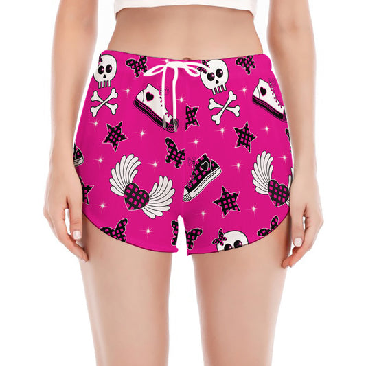 Pink Emo Symbols Pattern Print Women's Split Running Shorts
