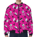 Pink Emo Symbols Pattern Print Zip Sleeve Bomber Jacket