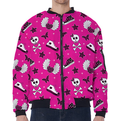 Pink Emo Symbols Pattern Print Zip Sleeve Bomber Jacket