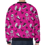 Pink Emo Symbols Pattern Print Zip Sleeve Bomber Jacket