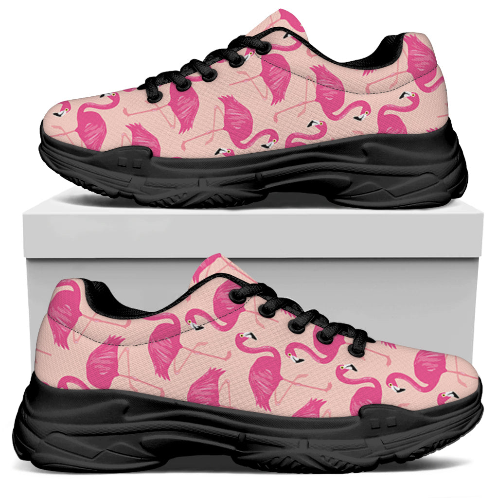 Pink Flamingo Pattern Print Black Chunky Shoes