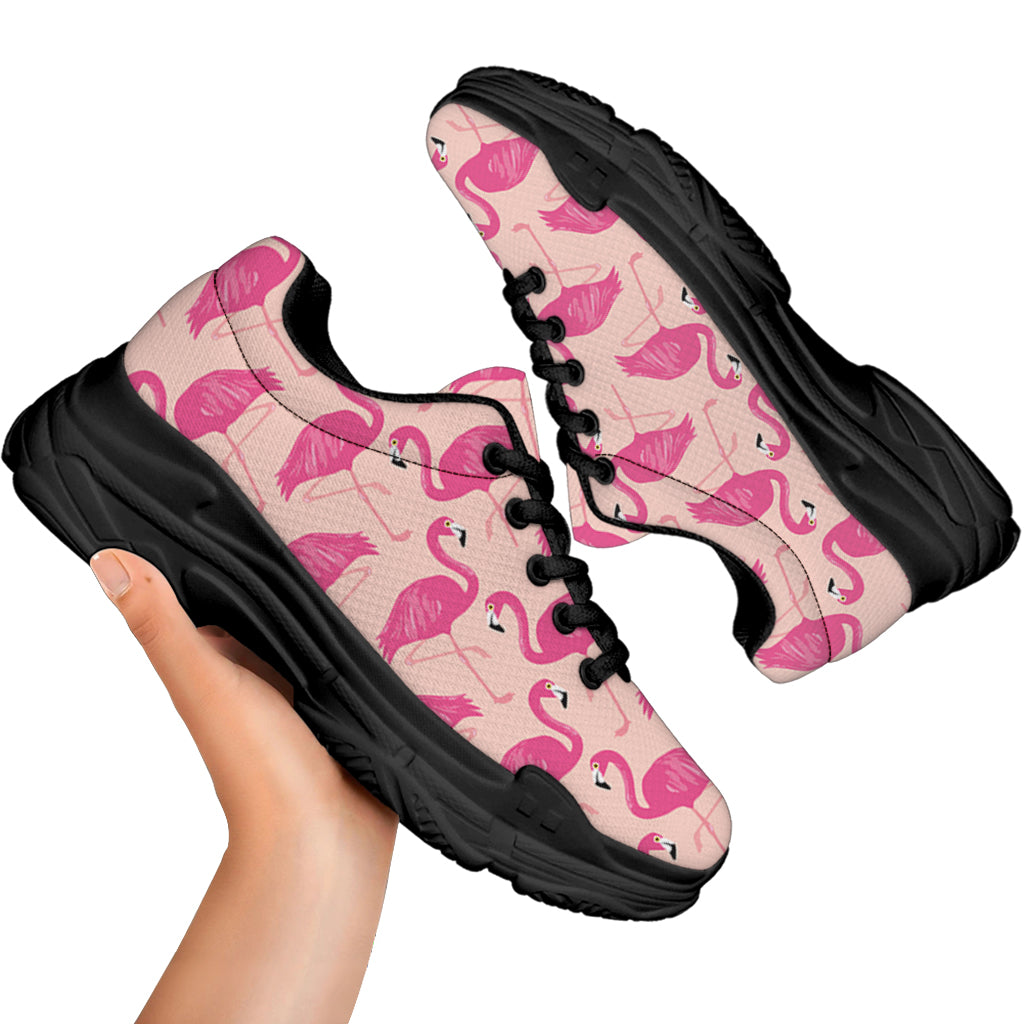 Pink Flamingo Pattern Print Black Chunky Shoes