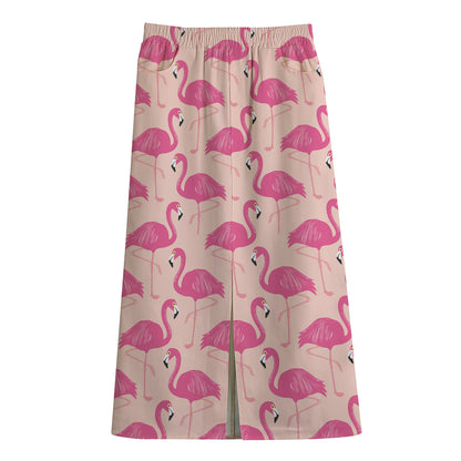 Pink Flamingo Pattern Print Cotton Front Slit Maxi Skirt