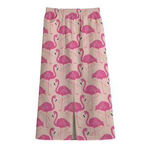 Pink Flamingo Pattern Print Cotton Front Slit Maxi Skirt