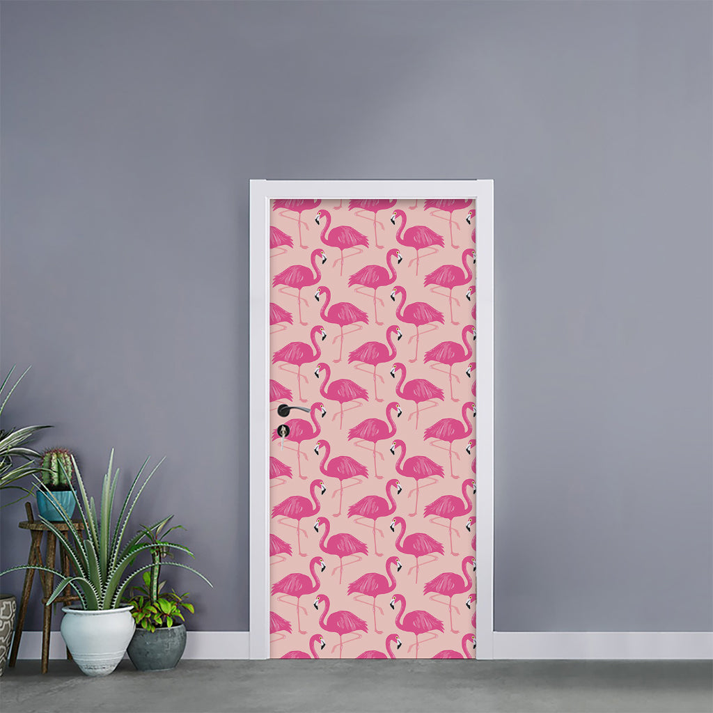 Pink Flamingo Pattern Print Door Sticker