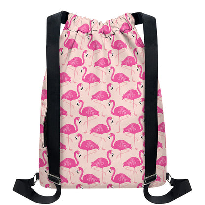 Pink Flamingo Pattern Print Drawstring Backpack