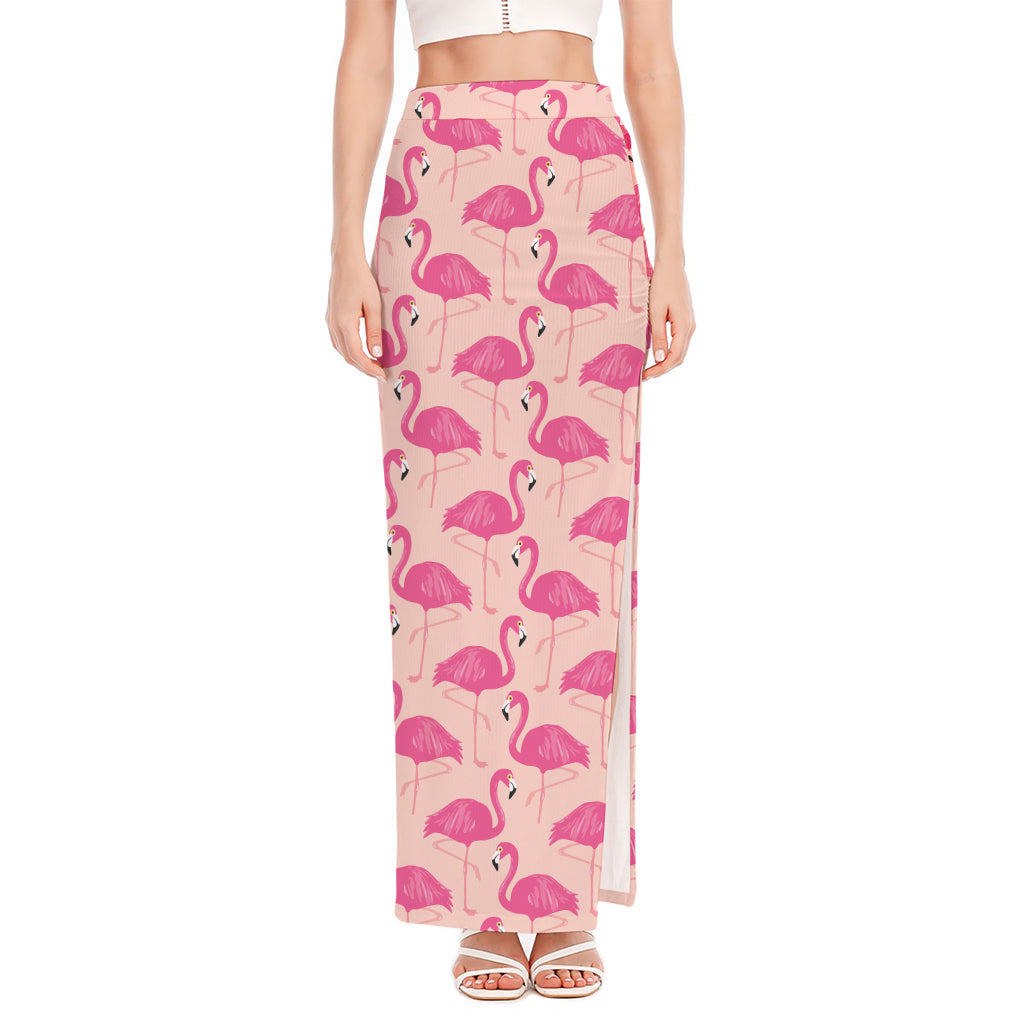 Pink Flamingo Pattern Print High Slit Maxi Skirt