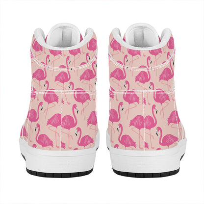 Pink Flamingo Pattern Print High Top Leather Sneakers