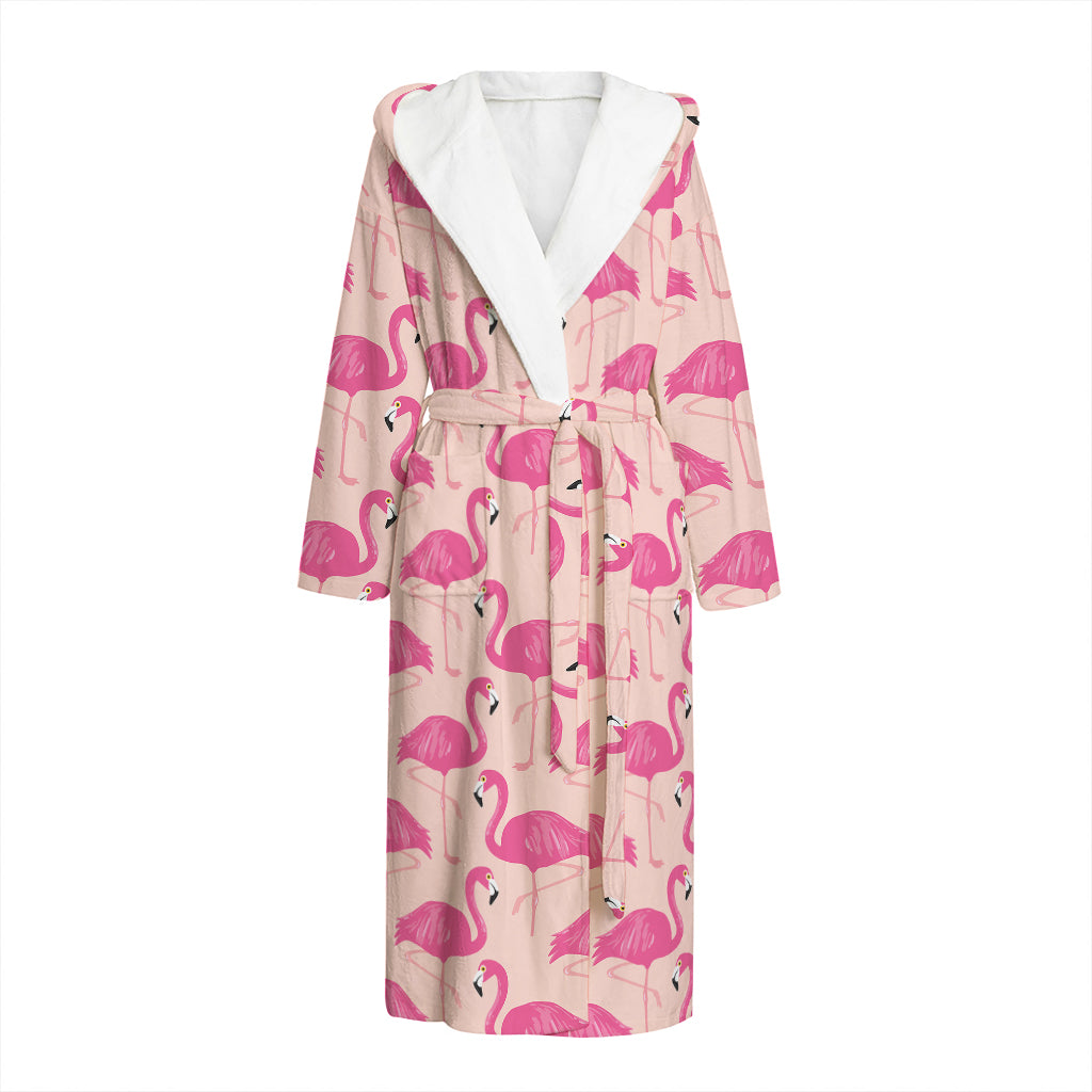 Pink Flamingo Pattern Print Hooded Bathrobe