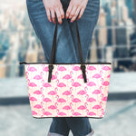 Pink Flamingo Pattern Print Leather Tote Bag