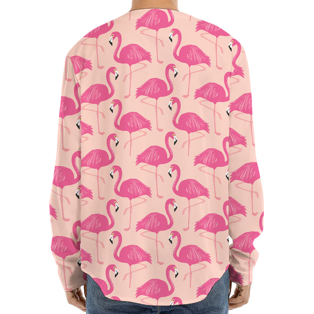 Pink Flamingo Pattern Print Long Sleeve Baseball Jersey