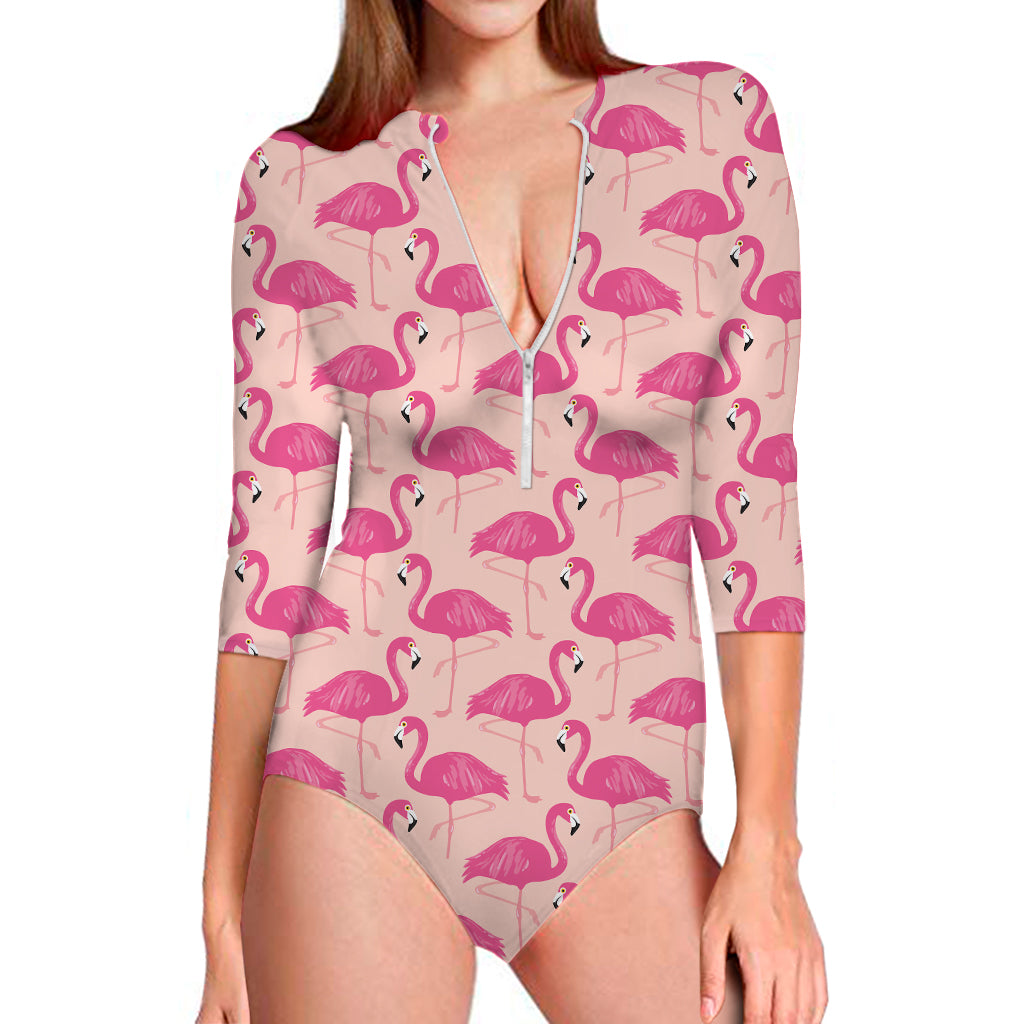 Pink Flamingo Pattern Print Long Sleeve Swimsuit