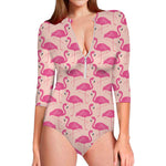 Pink Flamingo Pattern Print Long Sleeve Swimsuit