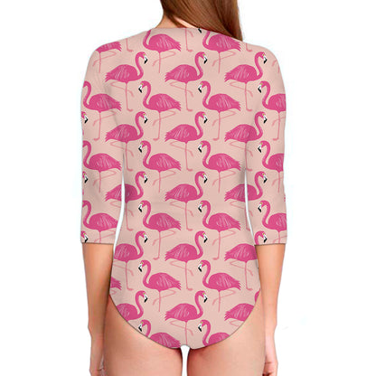 Pink Flamingo Pattern Print Long Sleeve Swimsuit