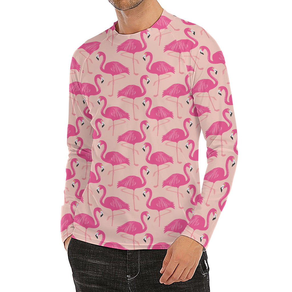 Pink Flamingo Pattern Print Men's Long Sleeve Rash Guard