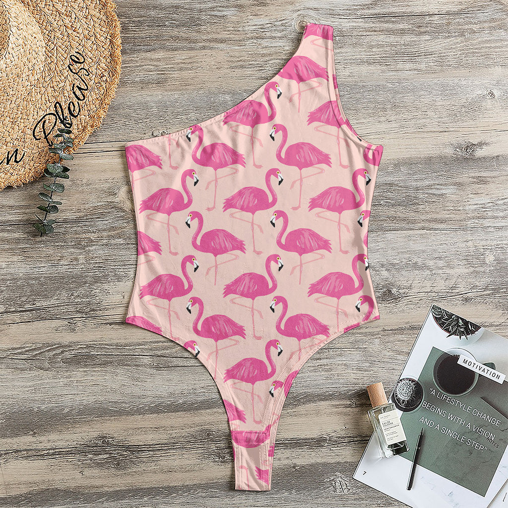 Pink Flamingo Pattern Print One Shoulder Bodysuit