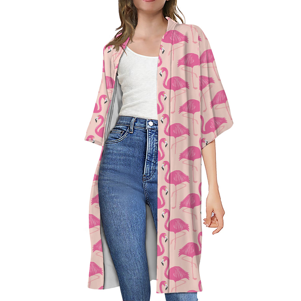 Pink Flamingo Pattern Print Open Front Beach Cover Up